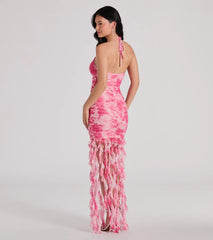 Belinda Halter Floral Rhinestone Ruffle Mini Dress