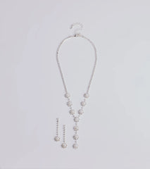 Truly Glam Rhinestone and Pearl Lariat Necklace Set