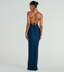 Natalie Cowl Neck Lace-Up Slit Column Dress