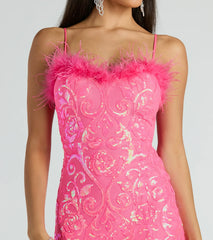 Cara Marabou Trim Mermaid Slit Sequin Formal Dress