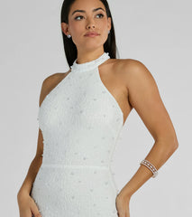 Courtney Halter Faux Pearl Bead Slim Formal Dress