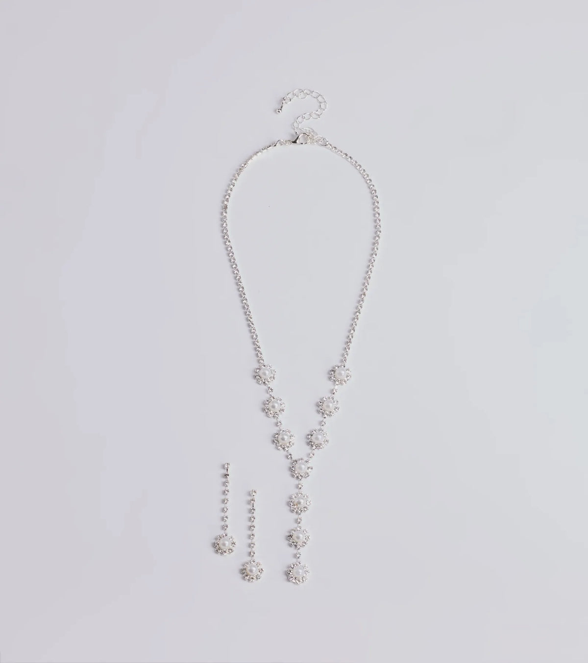 Truly Glam Rhinestone and Pearl Lariat Necklace Set