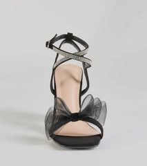 So Lovely Bow Rhinestone Satin Block Heels
